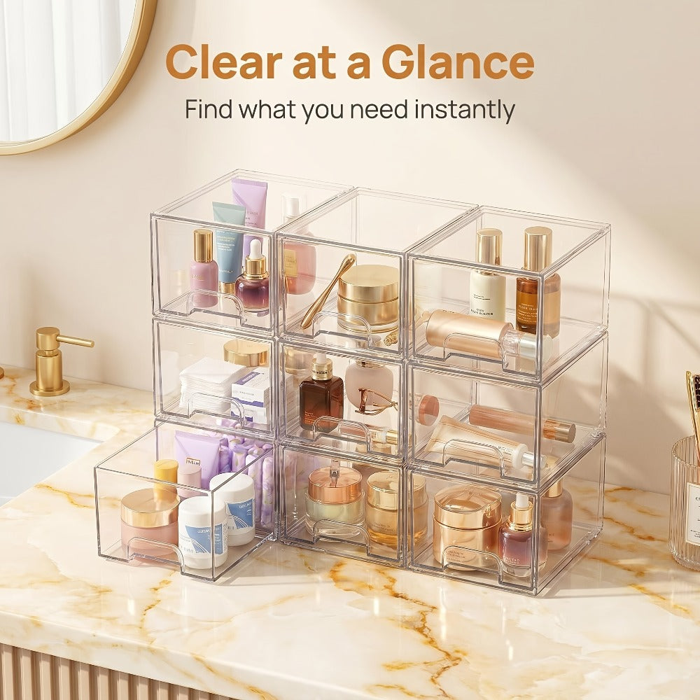 Clear Stackable Storage Drawers 8 Pack ¨C Acrylic Bathroom Organizer Bins with Pull-Out Handle, BPA-Free Plastic Makeup Storage for Vanity, Kitchen, Pantry, Home Organization