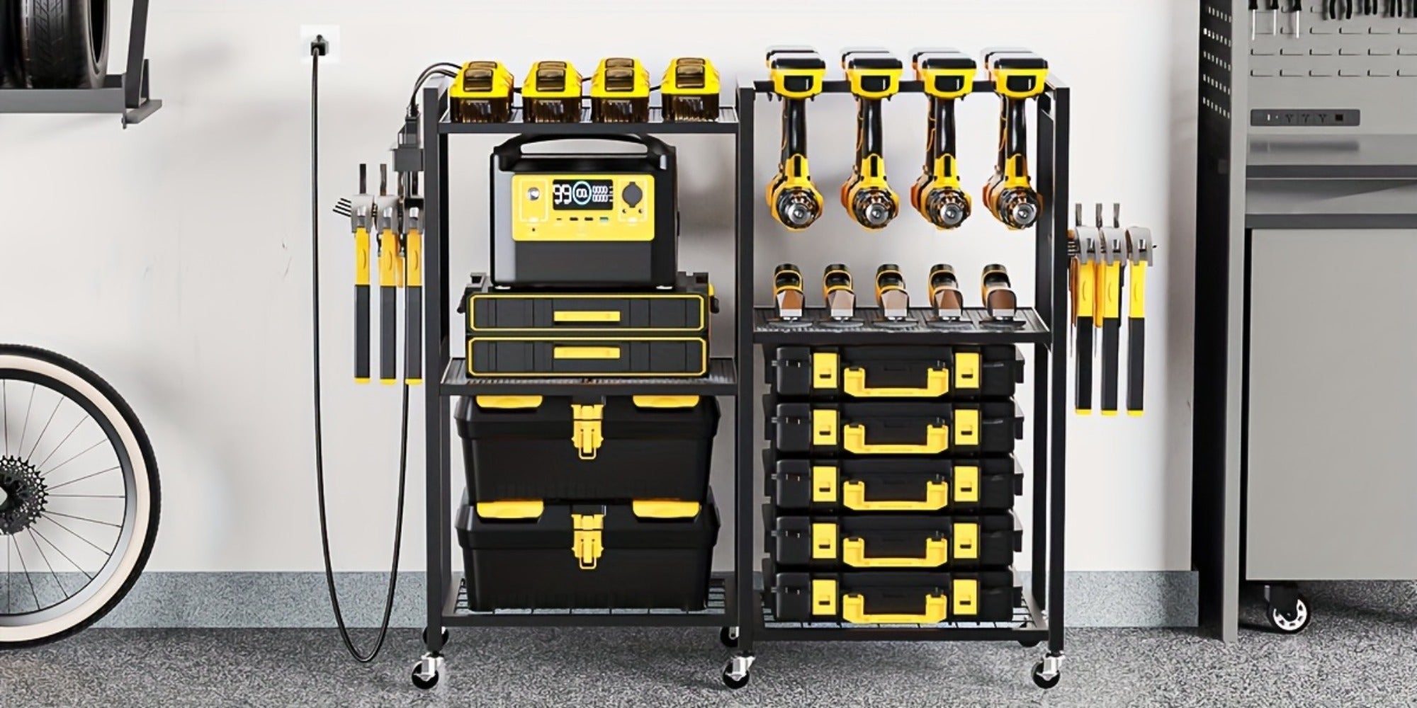 Mobile Tool Cart with Charging Station ¨C 12 Drill Holders & 5 Storage Shelves Power Tool Organizer | Rolling Utility Rack Toolbox with Battery Charging Power Strip for Garage & Workshop | 4 Colors