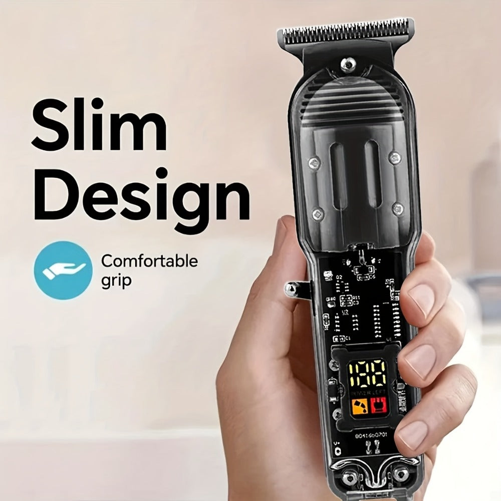 Professional Hair Cutting Kit for Men - Transparent USB Rechargeable Hair Clipper with LCD Display, T-Blade Trimmer, Electric Shaver, 4 Guide Combs & Cleaning Brush - Home Barber Grooming Gift Set