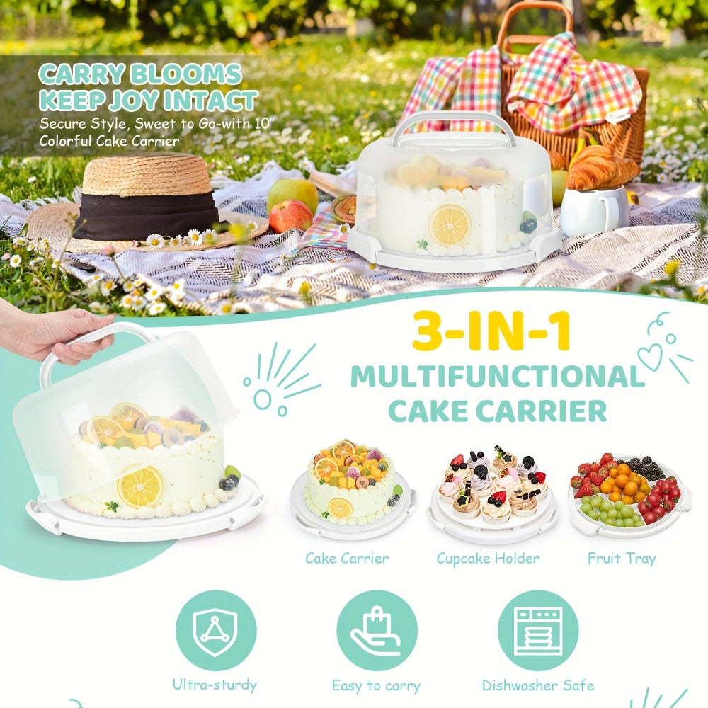 10-Inch Cake Carrier with Lid BPA-Free Plastic Cake Storage Container Cupcake Keeper 2 Handles Transport Pies Fruits Nuts Secure Base Clip-On Lock