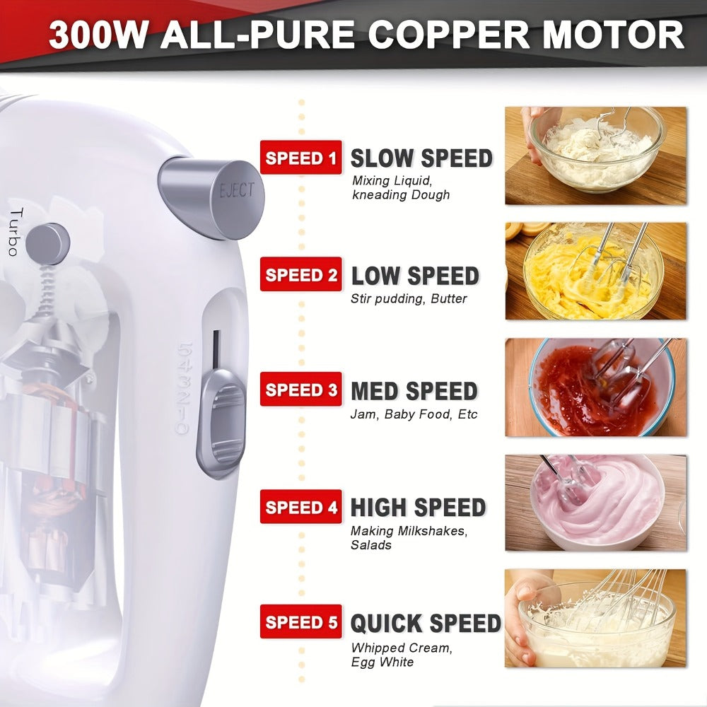 Hand Mixer Electric 300W with Stainless Steel Attachments & Storage Case - 5-Speed Control for Baking Cakes, Eggs & Whipping Cream, Compact Kitchen Handheld Mixer for Home Use