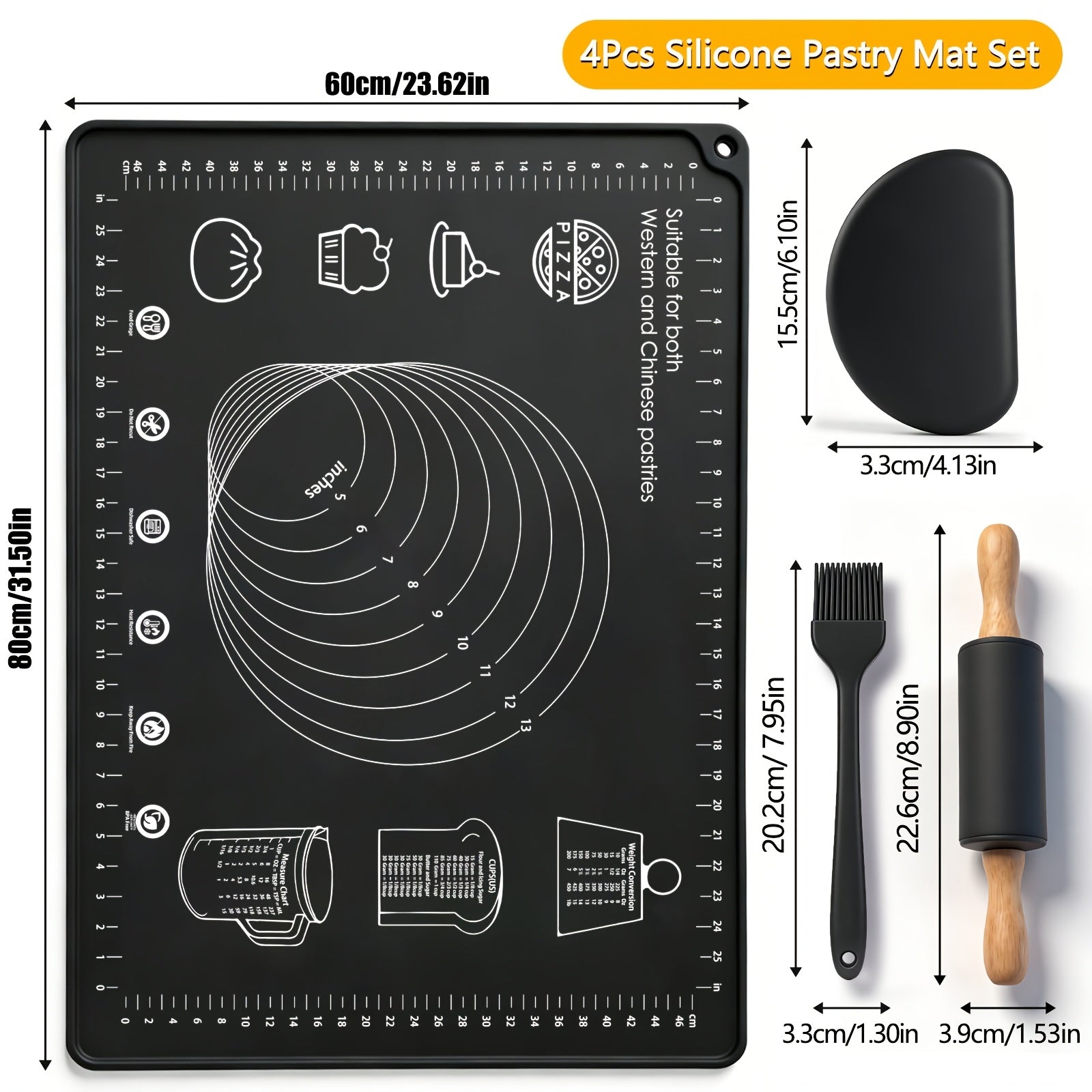 Silicone Baking Mat Set 4pcs, Extra Thick Non-Stick Pastry Mat with Measurement Scales, Non-Slip Dough Kneading Mat, Includes Rolling Pin, Dough Scraper and Storage Bag, Reusable Kitchen Baking Tools