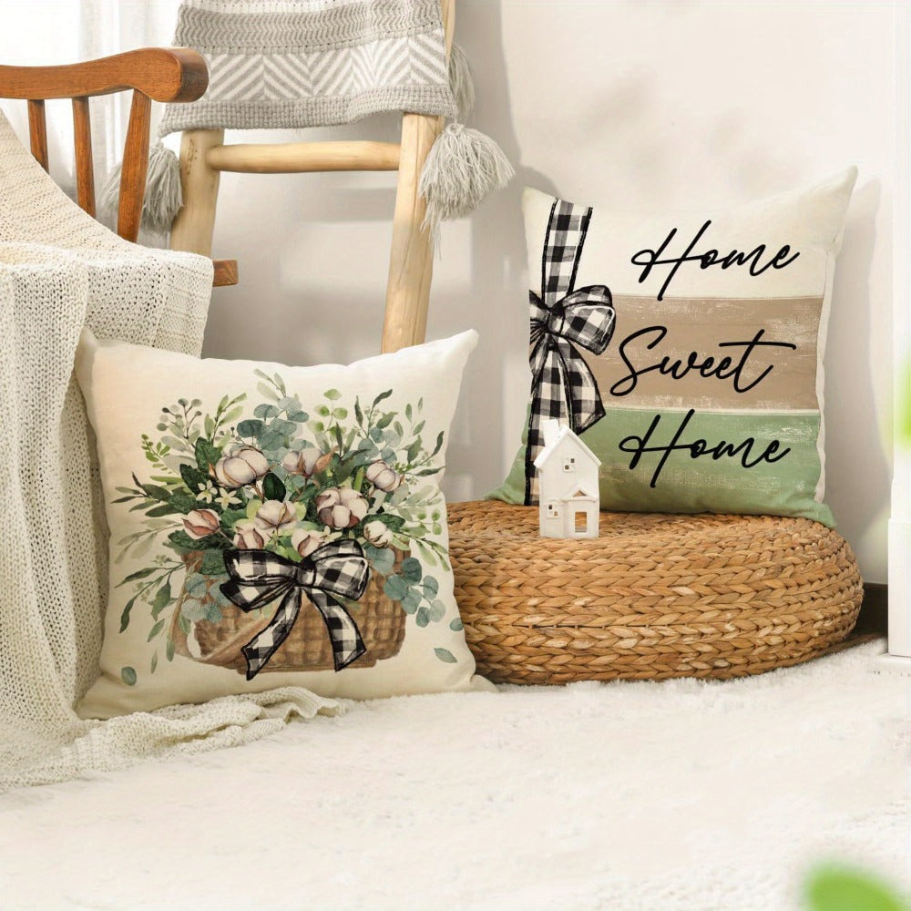 Farmhouse Throw Pillow Covers 4pcs Set Rustic Linen Eucalyptus Leaves Botanical Square Cushion Cases Decorative Pillow Covers for Living Room Bedroom Couch Sofa Home Party Decor Single-Sided Print No Insert