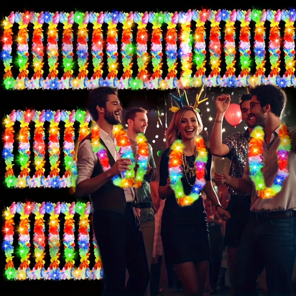Light Up Hawaiian Lei Necklace 26pcs LED Flower Leis Glow Necklaces for Luau Party Beach Party Tropical Costume Accessories