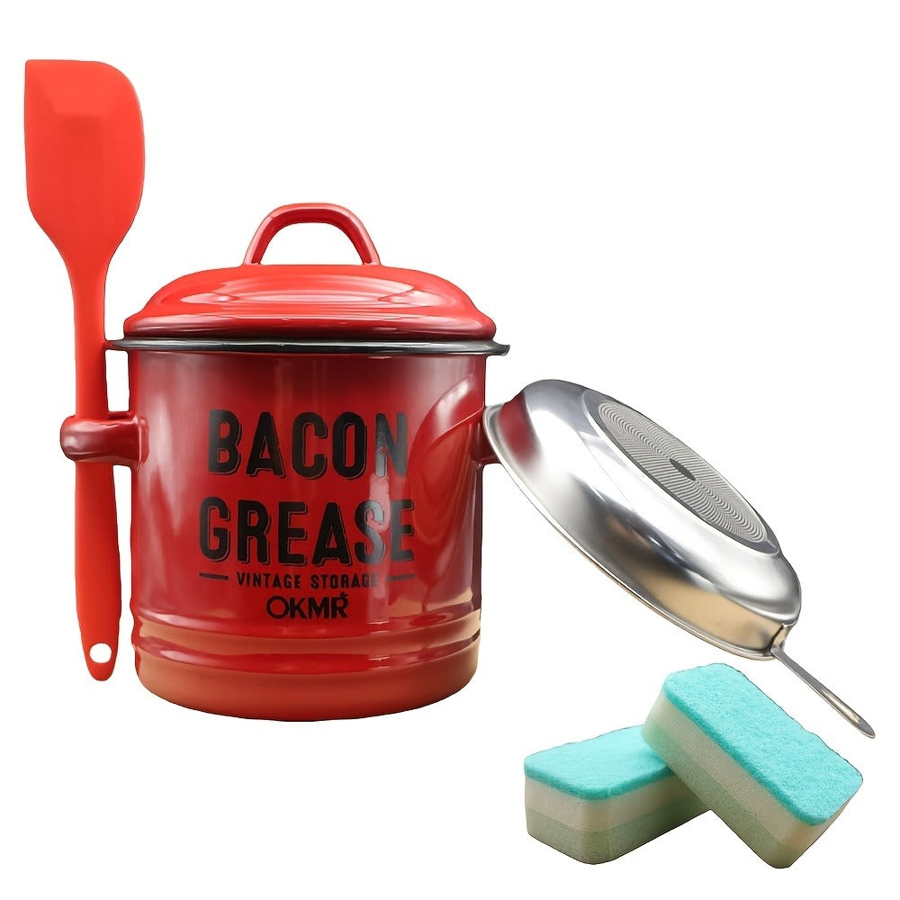 Bacon Grease Container with Lid, Large Capacity Grease Storage Can with Heat-Resistant Filter, Silicone Spatula & Cleaning Sponge Set, Flip-Top Oil Holder for Kitchen Household Use