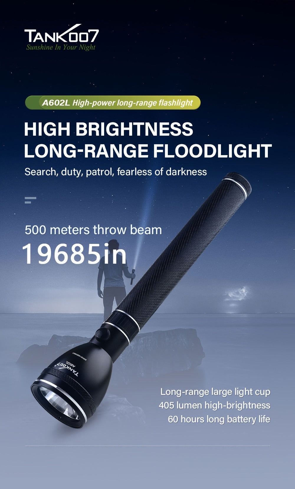 Rechargeable Flashlight 4000mAh Long Battery Life | High-Capacity Built-In Battery Outdoor Torch | Patrol Adventure Car Repair Emergency Camping Hiking Work Light