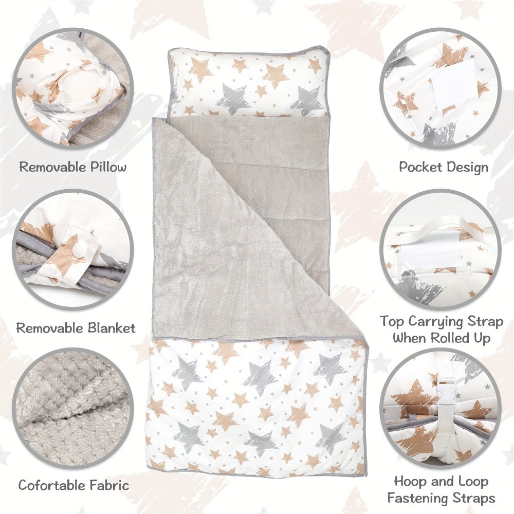 Toddler Nap Mat with Removable Pillow & Minky Blanket, Rollup Kids Sleeping Mat for Daycare Preschool, Portable Toddler Sleeping Bag for Travel Camping, Star Pattern