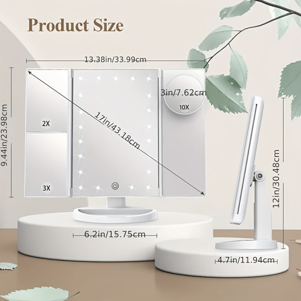 LED Tri-Fold Makeup Mirror with Touch Screen ¨C 1X/2X/3X/10X Magnifying Vanity Mirror, Flexible Adjustable Base, Lighted Travel Mirror for Makeup Desk, Bedroom & Bathroom | Gift for Women