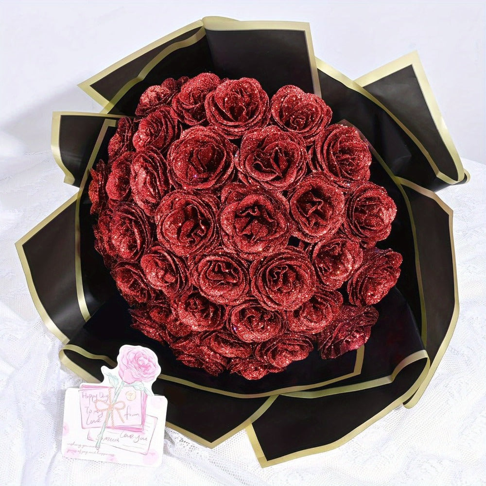 Glitter Roses Bouquet 24/36pcs - Everlasting Artificial Roses with Sparkling Glitter Petals for Valentine's Day, Wedding & Anniversary