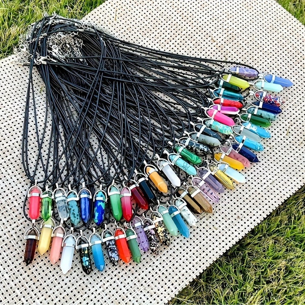 Crystal Natural Stone Pendant Necklace Set Bulk 60Pcs 30Sets Hexagonal Shaped Assorted Color for Jewelry Making Craft DIY Daily Wear Gift