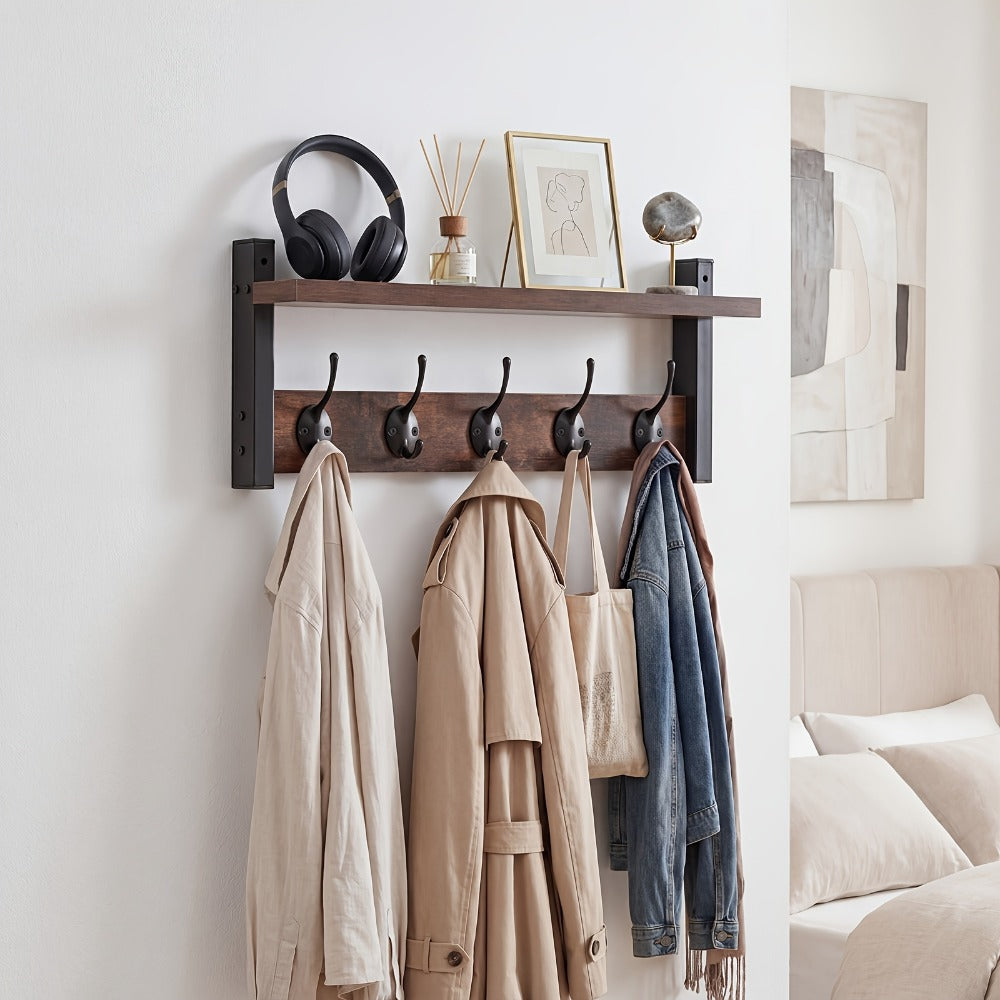 Wall Mounted Coat Hook Shelf with 5 Hooks - Wooden Floating Shelf & Key Rack Organizer for Entryway, Bedroom, Bathroom, Kitchen & Living Room - Rustic Vintage Style