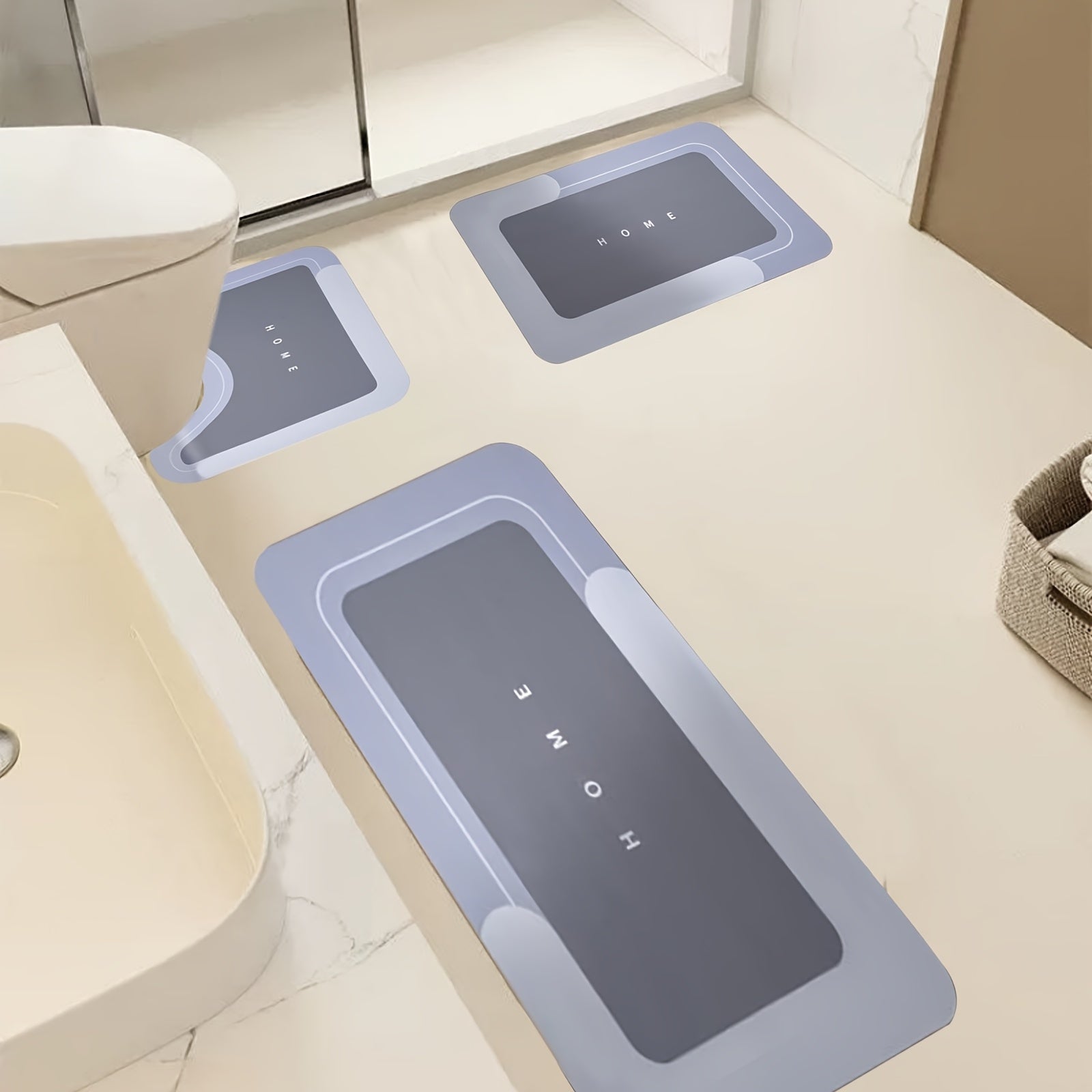 Diatomaceous Earth Bath Mat Set 3pcs Non-Slip Super Absorbent Bathroom Rug - Quick Dry Machine Washable Toilet Mat for Shower Room, Hotel & Home | Safe Non-Slip Backing | Blue, Coffee & Gray