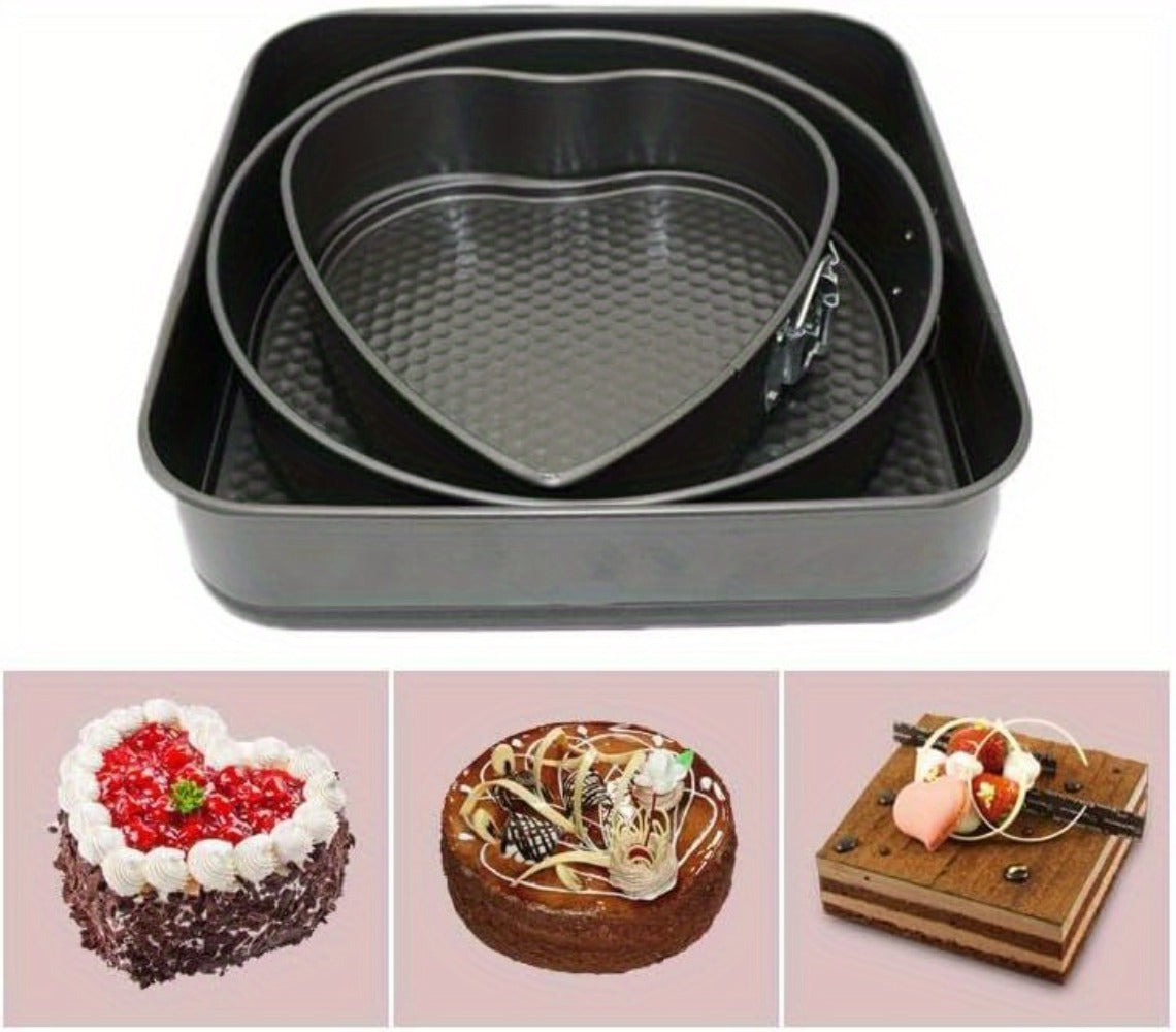 Cake Pan Set 6-Piece with Removable Bottom, Carbon Steel Nonstick Baking Molds in 3 Shapes Square Round Heart, Heavy Duty Springform Cake Pans for Chiffon Mousse Cheesecake Birthday Wedding