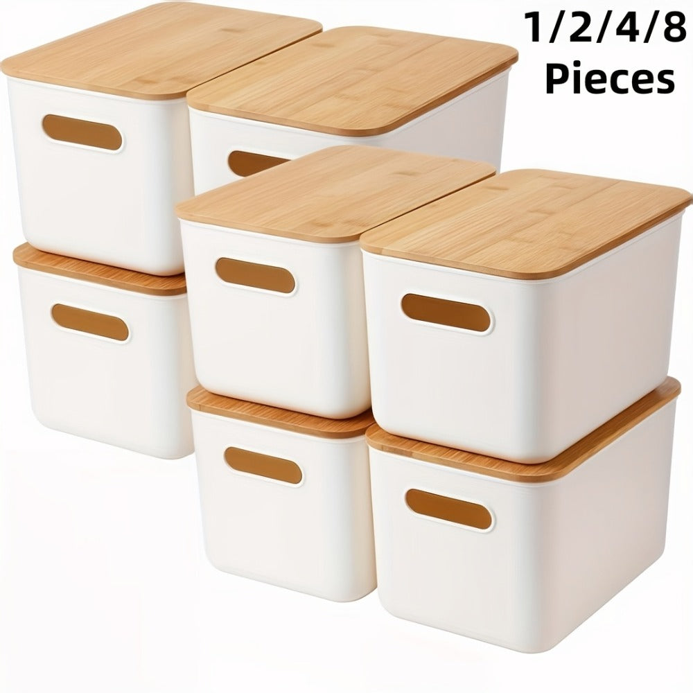Plastic Storage Bins with Wood Lids Stackable Organizer with Handle and Labels for Home Office Kitchen Bedroom Closet Playroom 1 2 4 8 Pack