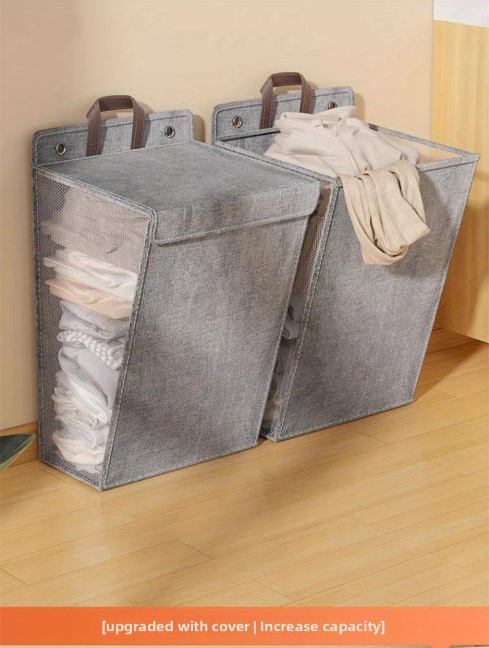 Wall Mounted Laundry Hamper Foldable Oxford Cloth with Lid | Space Saving Clothes Storage Basket for Bedroom Bathroom Living Room | Large 22x15 Inch Multi-Purpose Organizer Gray
