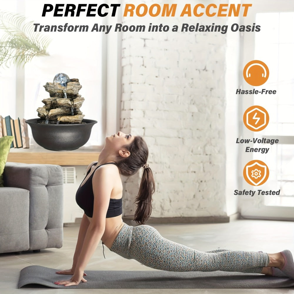 Indoor Tabletop Fountain with LED Lights ¨C Crystal Ball Rolling Waterfall Desktop Zen Fountain Humidifier for Living Room Office Bedroom