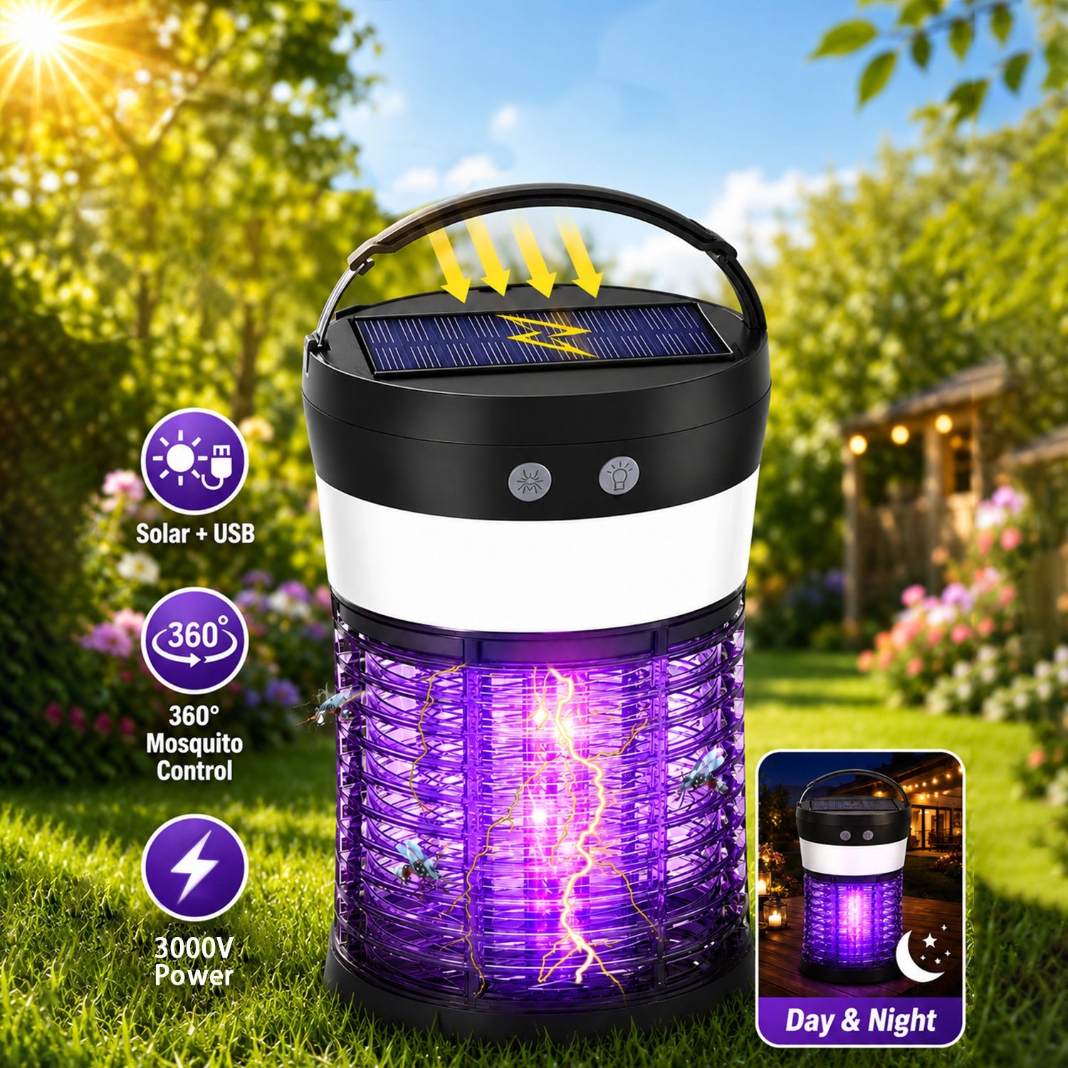 Solar Bug Zapper Electric 3-in-1 ¨C 3000V UV 365nm Mosquito Killer Rechargeable Insect Fly Trap with White Light & Flashlight, 2100 Sq Ft Coverage for Indoor Outdoor Home Patio Backyard Camping ¨C Black