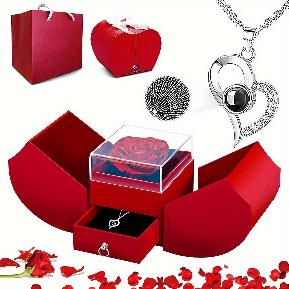 Preserved Real Rose Gift Box with I Love You in 100 Languages Necklace ¨C Romantic Gifts for Girlfriend Wife Mom ¨C Valentine's Day Birthday Mother's Day Christmas Gift Idea for Women