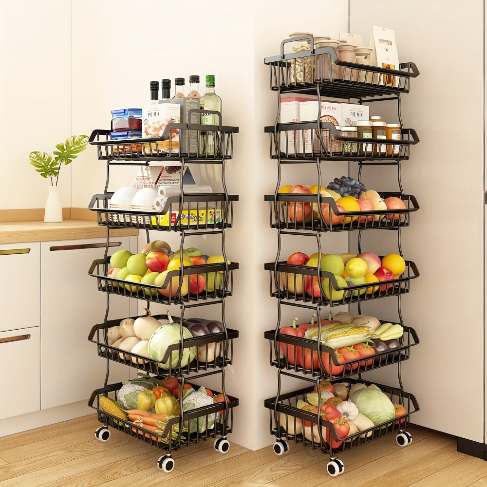 6-Tier Stackable Metal Wire Storage Basket Organizer with Wheels - Rolling Kitchen Pantry Rack for Fruits Vegetables Utensils, Space-Saving Open Shelf