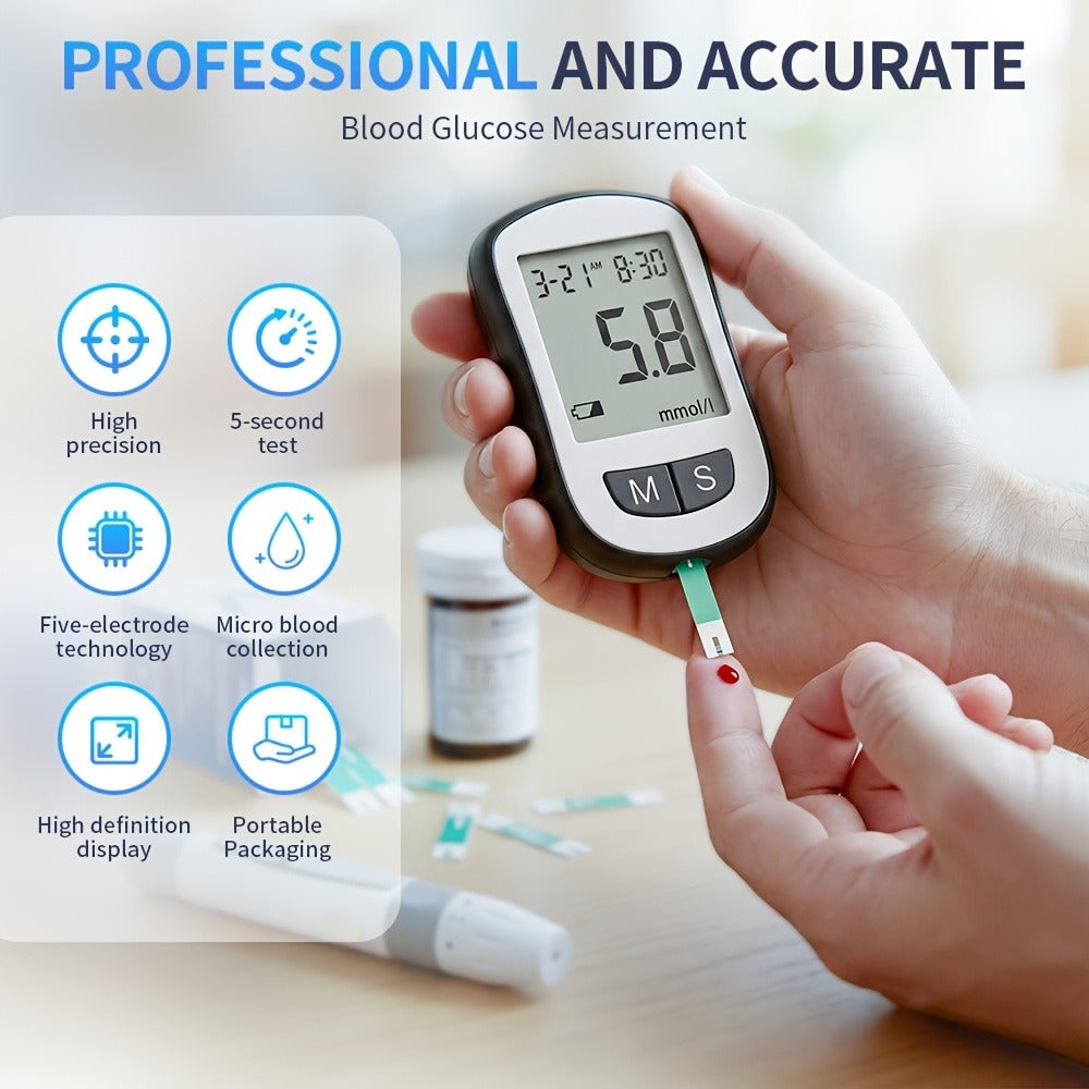 Blood Glucose Monitor Kit with 50 Test Strips & 50 Lancets - High Precision Glucometer Set for Home & Travel Diabetes Testing, Lancing Device Included, Compact Blood Sugar Test Kit