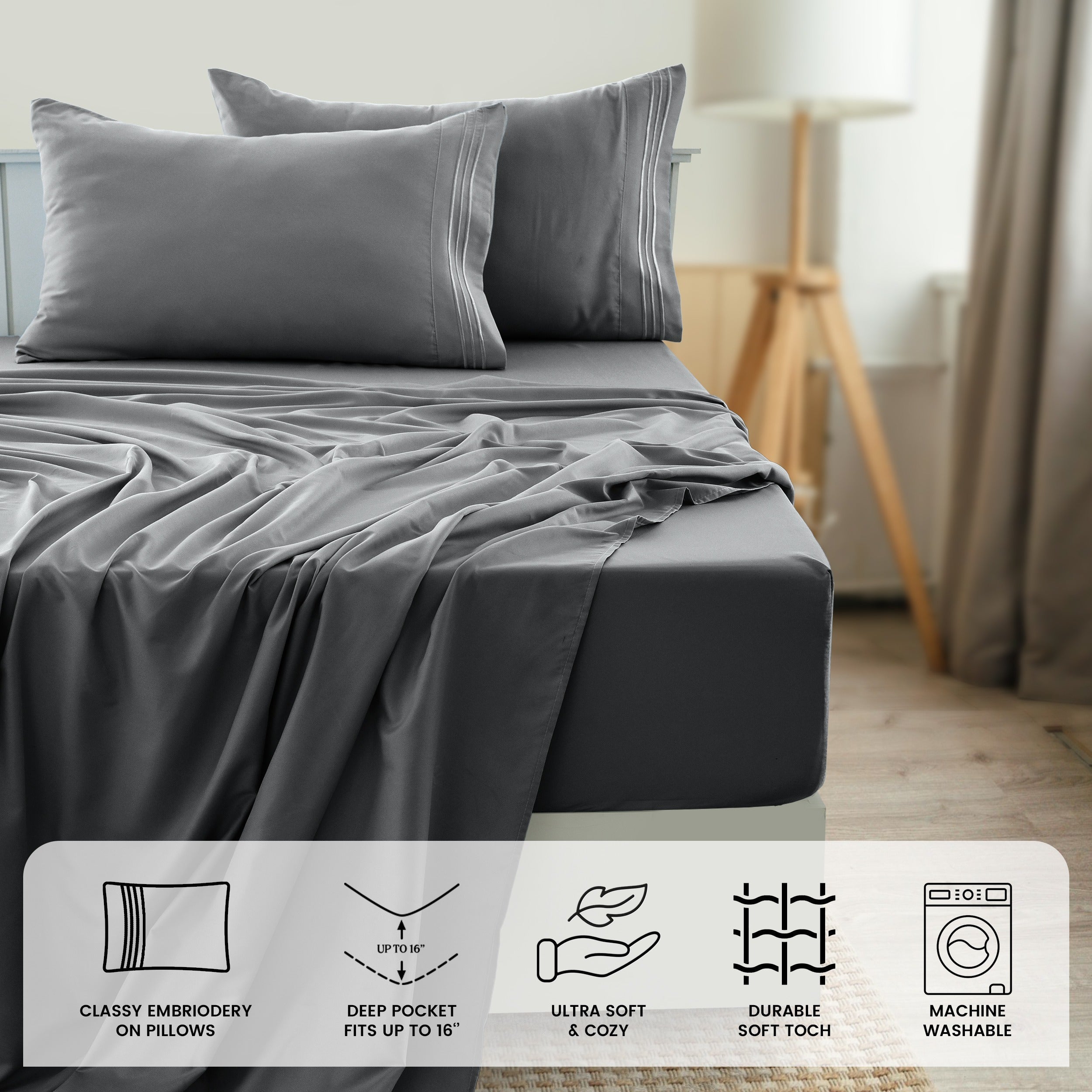 Fitted Sheet Set 6-Piece Brushed Polyester Deep Pocket Bed Sheets 20 Colors Hotel Luxury Soft Bedding with Embroidered Pillowcases