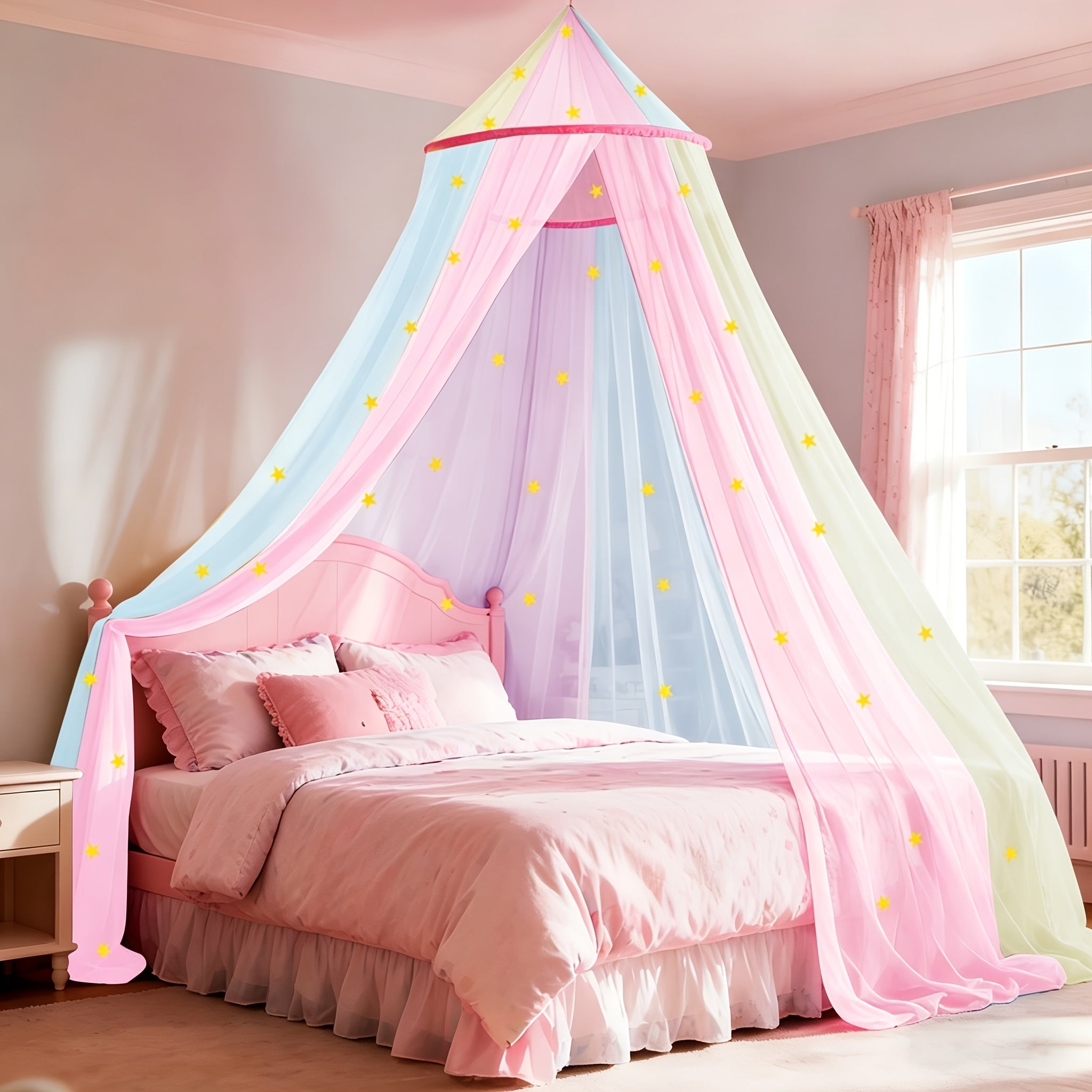 Bed Canopy for Girls Princess Rainbow Glow in the Dark Stars Colorful Canopy Curtain Fits Single Full Queen Size Bed Kids Room Decor Ceiling Tent Netting Machine Washable