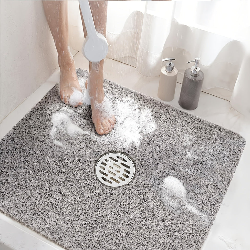 Non-Slip Shower Mat PVC Loofah Bath Mat with Drain Holes ¨C Quick-Dry Square Bathtub Floor Mat, No Suction Cups Needed, Soft Cushioned, 24x24 Inch, Grey/White/Beige