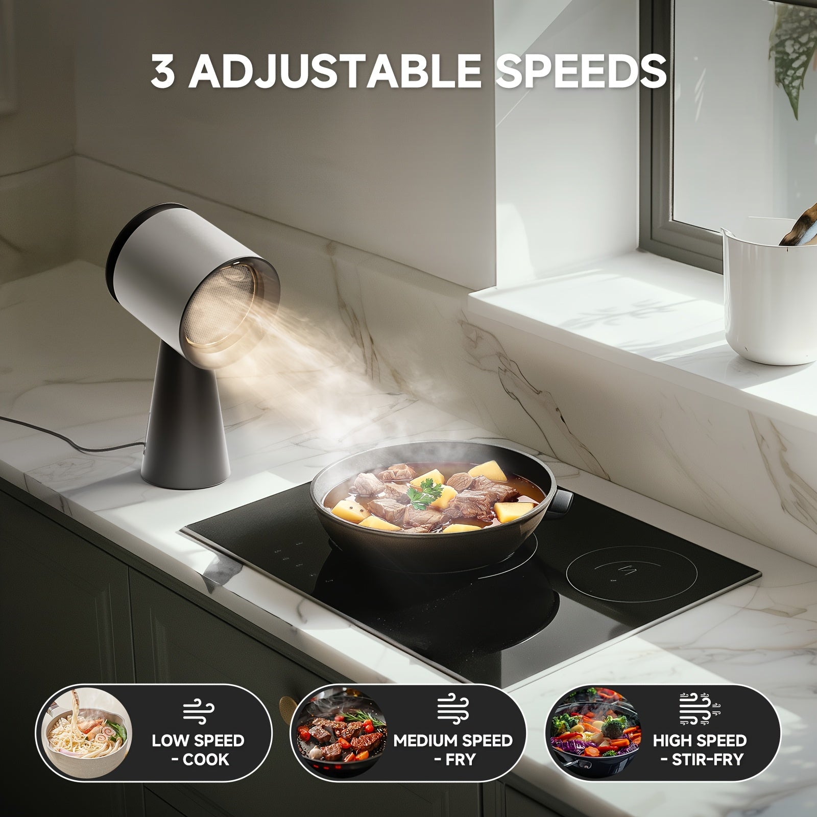 Desktop Range Hood 3-Speed Turbo Ventilation No Installation Required - AMZCHEF Portable Ductless Kitchen Exhaust Fan with Detachable 3-Stage Filter, LED Light & Overflow Cup for Apartments RVs