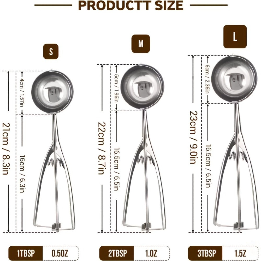 Ice Cream Scoop Set 3pcs Stainless Steel Cookie Scoop Trigger Release Fruit Scoop Watermelon Baller Dough Scoop for DIY Desserts Baking Ice Cream Shops