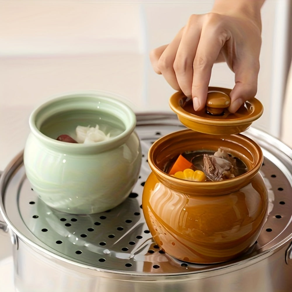 Ceramic Steam Stewing Pot - Water-Separated Clay Pot for Soups, Stews & Slow Cooking, Household Steaming Pot with Lid for One Person, Heat-Resistant Soup Pot for Stovetop & Kitchen Use