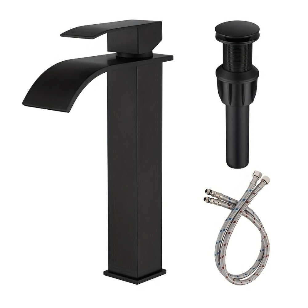 Waterfall Bathroom Faucet Single Handle - Modern Sink Faucet with Valve, Chrome & Matte Black & Brushed Nickel & Brushed Gold Finish, 1 or 3-Hole Deck Mount, G9/16 Threads, Water Supply Lines Included