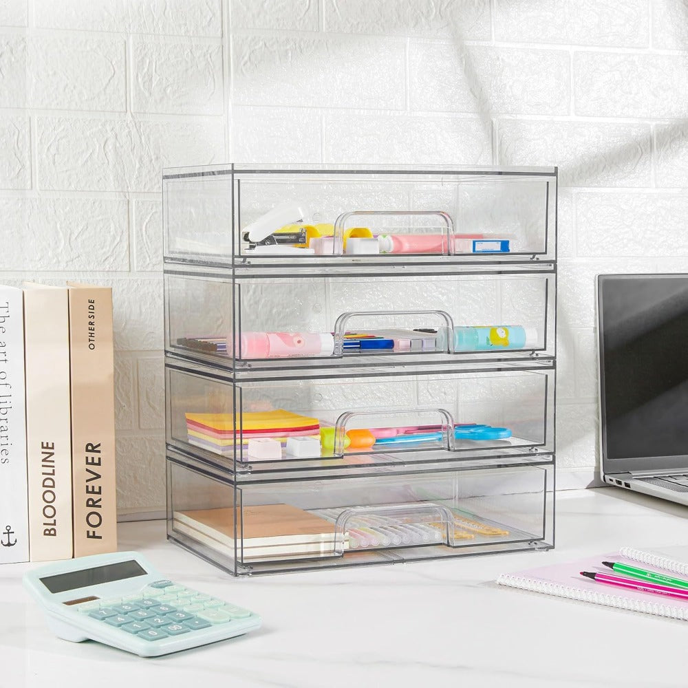 Clear Stackable Desk Drawer Organizer, Acrylic Plastic Storage Bins for Office Desk Organization, Transparent Drawer Divider Bins for Home, Studio & Vanity Table, 2 or 4 Pack Wide Organizer Trays