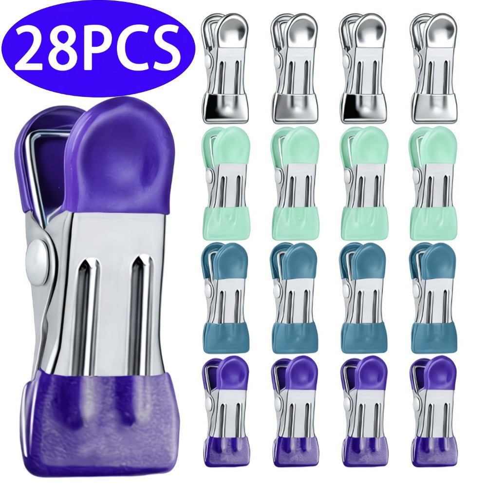 Stainless Steel Clips 28pcs Heavy Duty Rustproof | Multipurpose Airtight Sealing Clips for Food Bags Clothes Hanging | Kitchen Office Home Bag Clips Random Colors