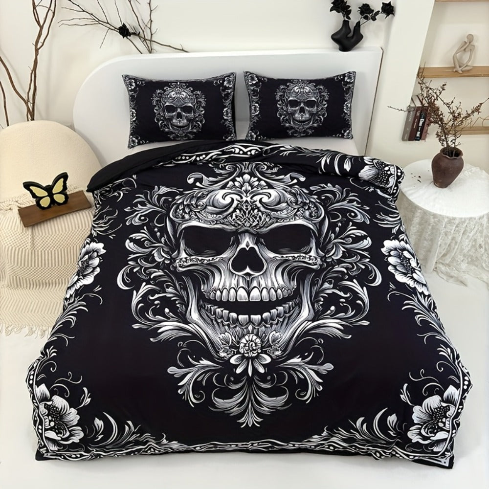 Skull Duvet Cover Set 3pcs ¨C Gothic Victorian Baroque Black & White Skull Bedding with 2 Pillowcases, Digital Print Halloween Bedroom Decor (Twin, Full, Queen, King ¨C No Insert)