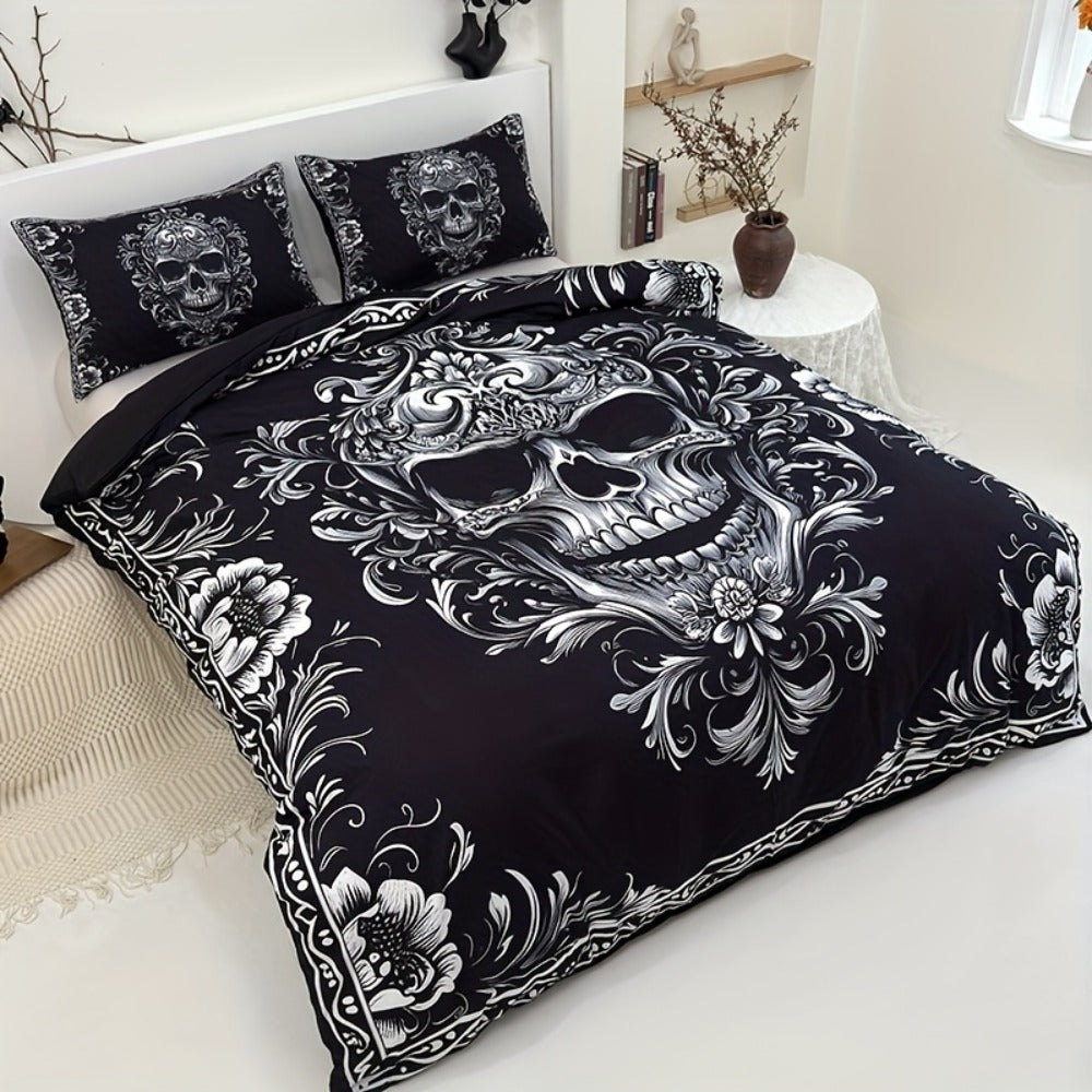 Skull Duvet Cover Set 3pcs ¨C Gothic Victorian Baroque Black & White Skull Bedding with 2 Pillowcases, Digital Print Halloween Bedroom Decor (Twin, Full, Queen, King ¨C No Insert)
