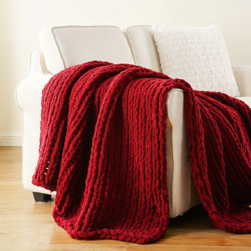Chunky Chenille Cable Knit Throw Blanket ¨C 350-400gsm Soft Warm Crochet Throw for Sofa, Bed & Couch, Vintage Patchwork, 14 Colors