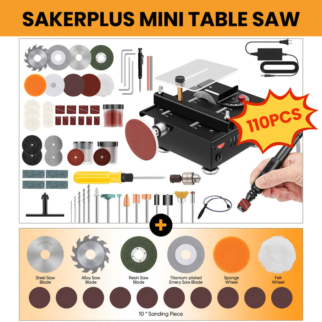 100W Electric Mini Table Saw with Woodworking Pen Set, 7-Speed & Angle Adjustable, 16mm Max Cutting Depth, Precision Crafts Model Making DIY Jewelry Home Projects, Great Gift for Men & Beginners