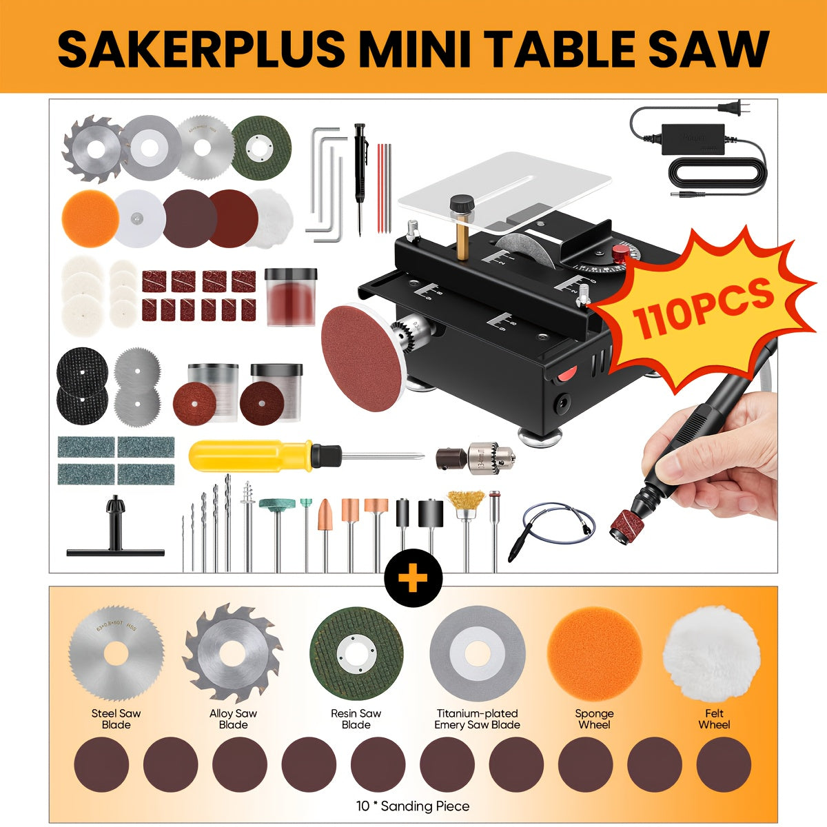100W Electric Mini Table Saw with Woodworking Pen Set, 7-Speed & Angle Adjustable, 16mm Max Cutting Depth, Precision Crafts Model Making DIY Jewelry Home Projects, Great Gift for Men & Beginners