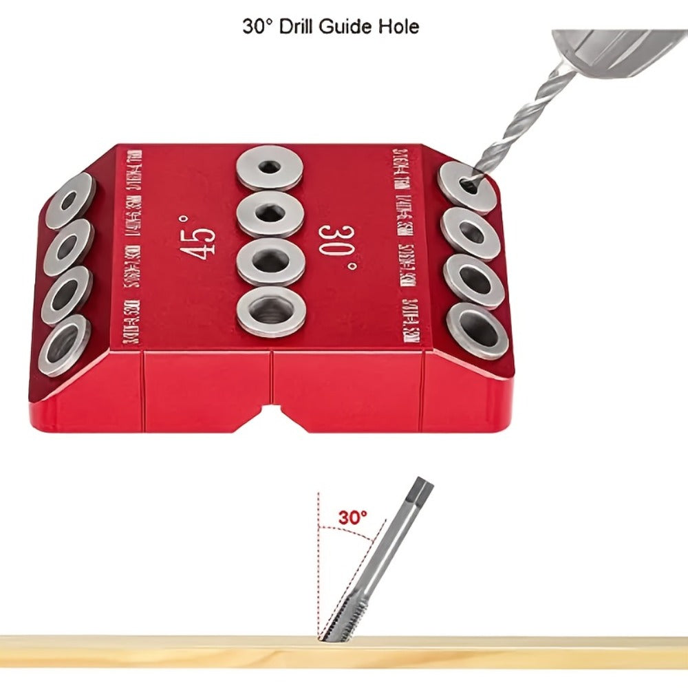 Multi-Angle Drill Guide Jig 30 45 90 Degree All-Metal for Cable Railing Lag Screw Installation Deck Stair Handrail Post Hole Drilling Precise Railing Setup Tool Red
