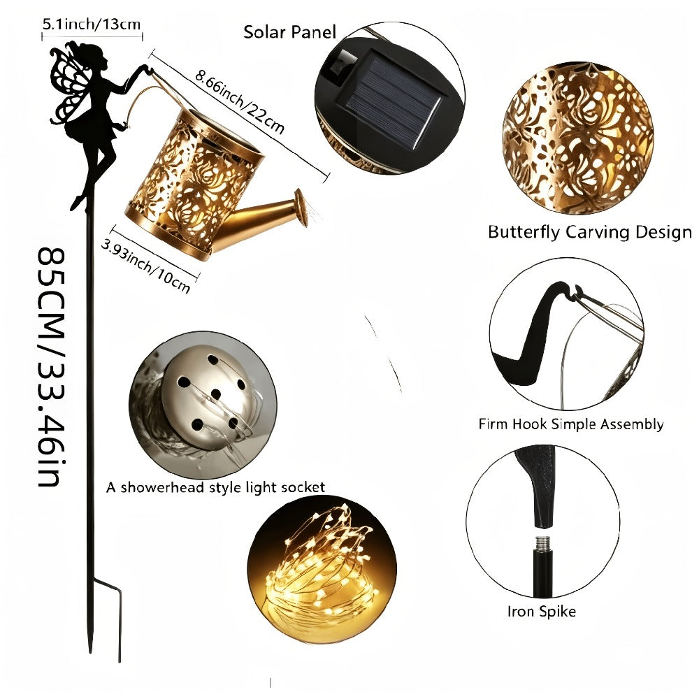 Solar Watering Can Lights 2pcs Garden Waterfall, IP65 Waterproof Hanging Solar String Lights with Ground Plug for Outdoor Lawn, Patio & Holiday Decor, Christmas Garden Gift