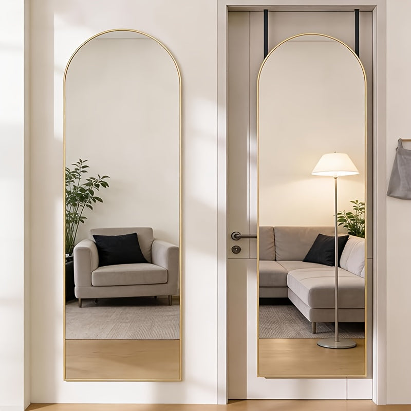 Full Length Mirror 47x14 ¨C Over the Door or Wall Mounted Hanging Mirror, Aluminum Alloy Frame, Full Body Dressing Mirror for Bedroom, Living Room & Entryway, Arched & Rectangular, Black & Gold