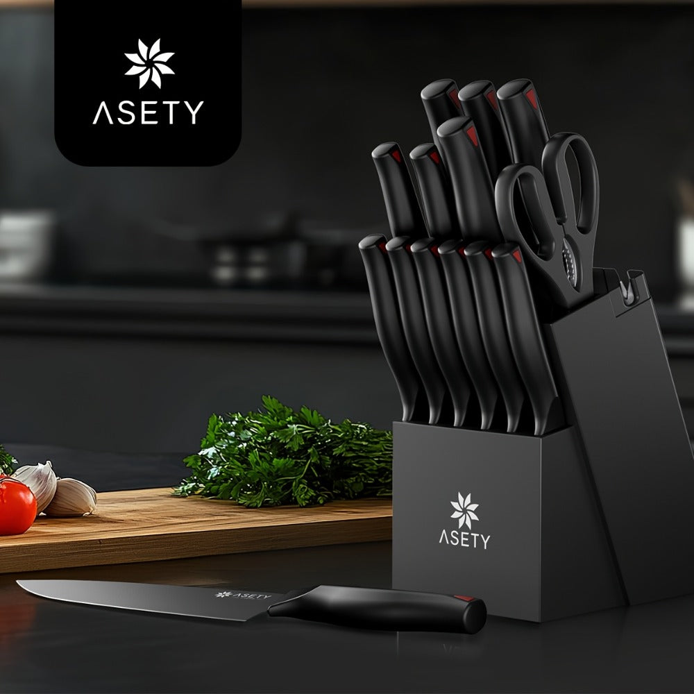 15-Piece Kitchen Knife Set with PP Handle, Professional Chef Knife Set with Block, Stainless Steel Sharp Blade, Ergonomic Non-Slip Handle, Home Cooking & Restaurant Knife Set