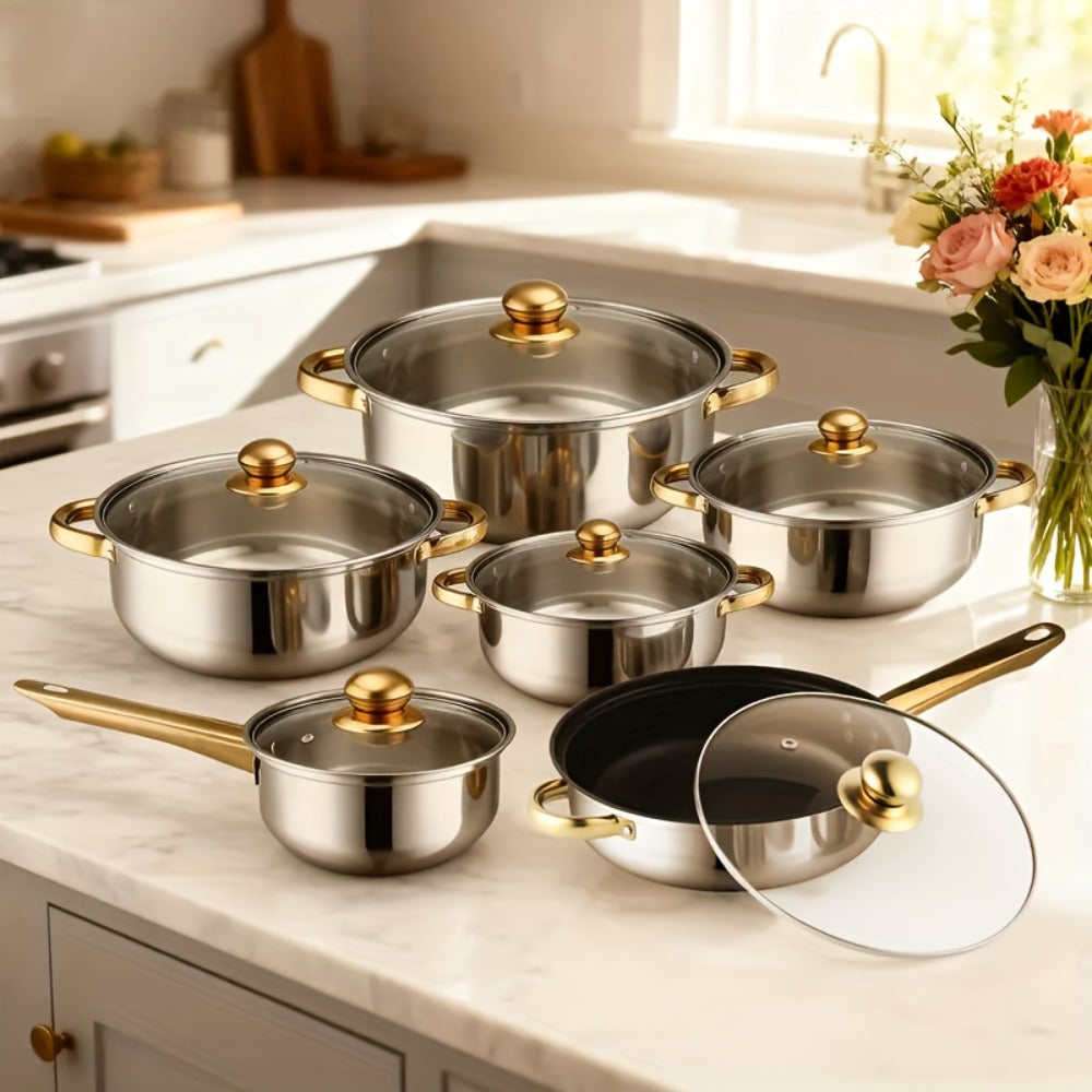 Stainless Steel Non-Stick Cookware Set 10/12pcs, 316 Grade Steel Frying Pan, Stockpot & Milk Pot with Lid, Multi-Functional Kitchen Cooking Set in Gold, Pink & Orange