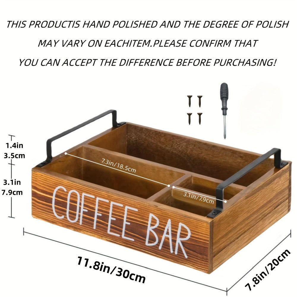 Coffee Bar Organizer Wooden Farmhouse Style - Rustic COFFEE BAR Sign Storage Tray for Pods Sugar Creamer Accessories, Waterproof Rectangular Countertop Organizer for Kitchen Coffee Station Decor