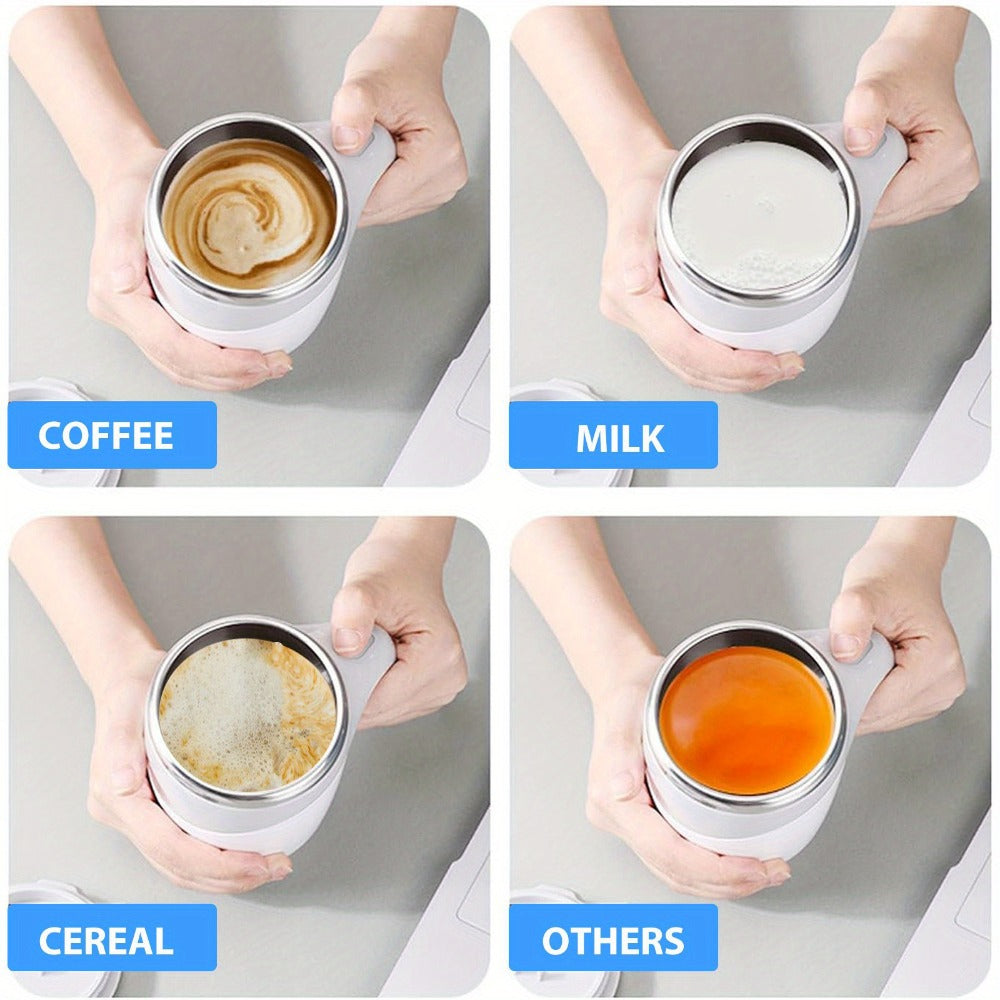 Self Stirring Coffee Mug with Magnetic Stirring Technology ¨C 13.3oz Stainless Steel Travel Mug, No Battery Needed, Spill-Proof Lid & Ergonomic Handle, Reusable Coffee Cup Gift Set ¨C White & Beige