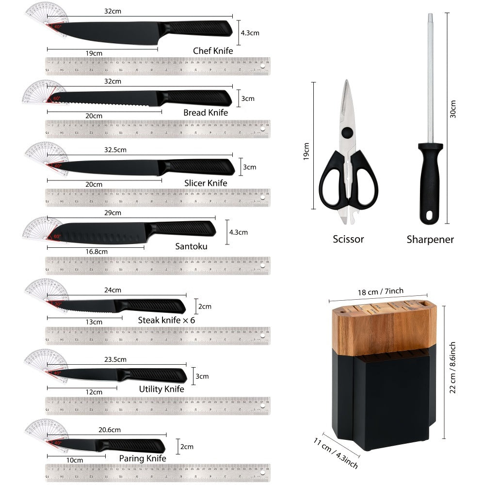 Kitchen Knife Set 15 Piece ¨C Chef Knife Block Set with Self-Sharpening Wooden Block, Steak Knives & Hammered Stainless Steel Blades, Perfect Gift for Home Cooks & Men