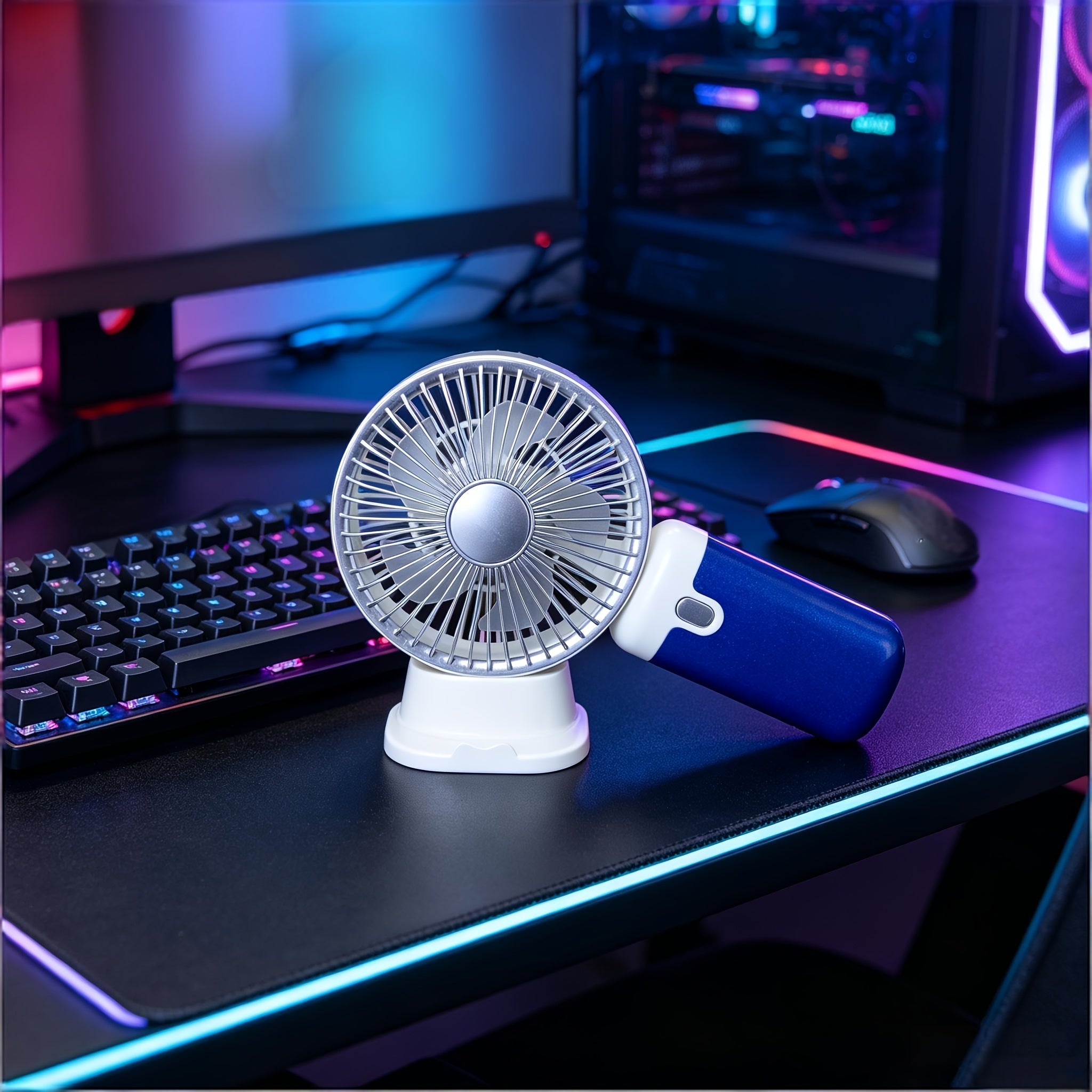 Handheld & Standing Fan Rechargeable USB | 3-Speed Portable Mini Fan, Foldable Dual-Mode Design for Travel, Office & Outdoor Use ¨C Perfect Summer Gift for Women & Girls, White & Blue, 1pc & 2pcs