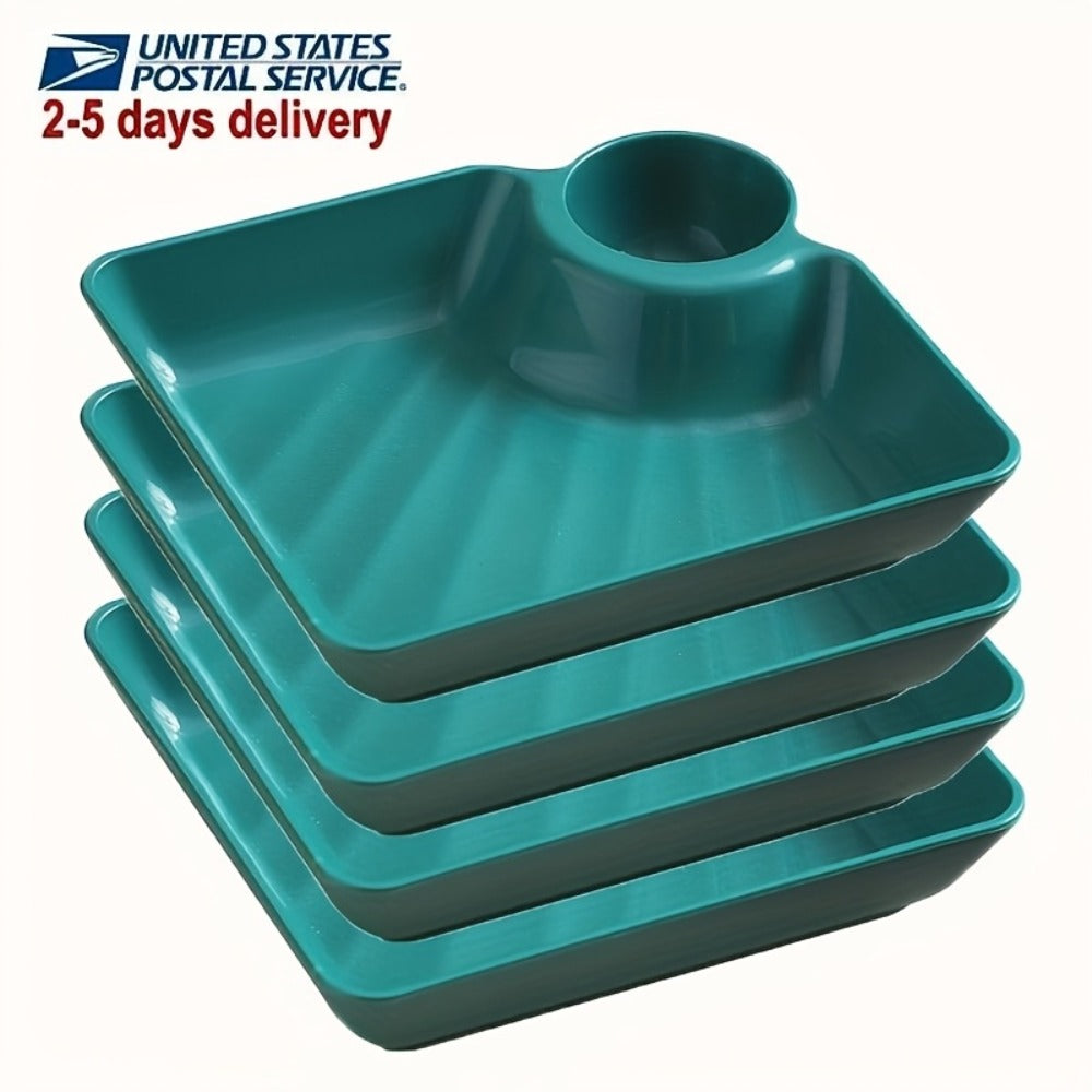 Colorful Serving Plates Set 4 Piece - BPA-Free PP Rectangular Snack, Sushi & Appetizer Plates with Dipping Sauce Compartments for Charcuterie Boards, Desserts & Holiday Party Entertaining