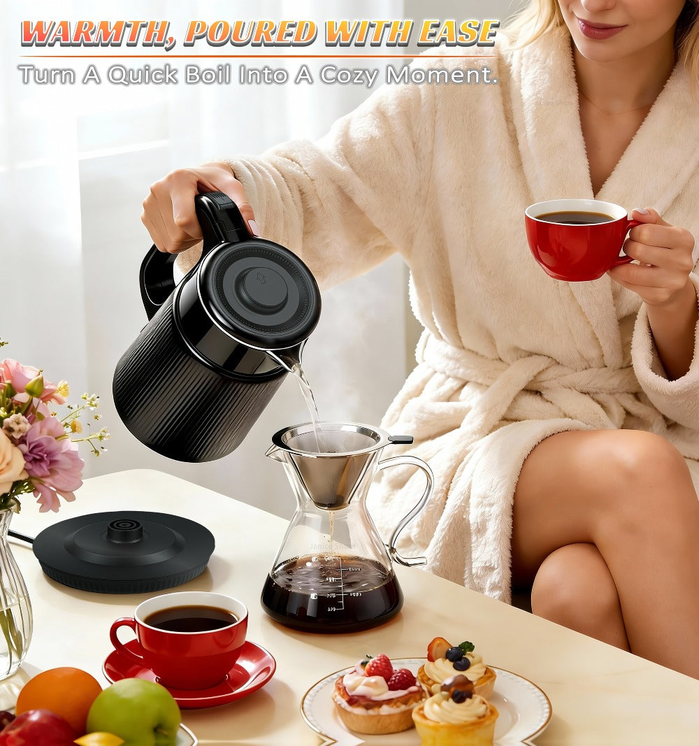 Electric Kettle 1000W Double Wall Stainless Steel ¨C 57.48oz 304 SS Hot Water Kettle with 360¡ã Rotary Base, LED Light, Auto Shut-Off & Boil-Dry Protection, Instant Water Warmer for Coffee & Tea ¨C Black
