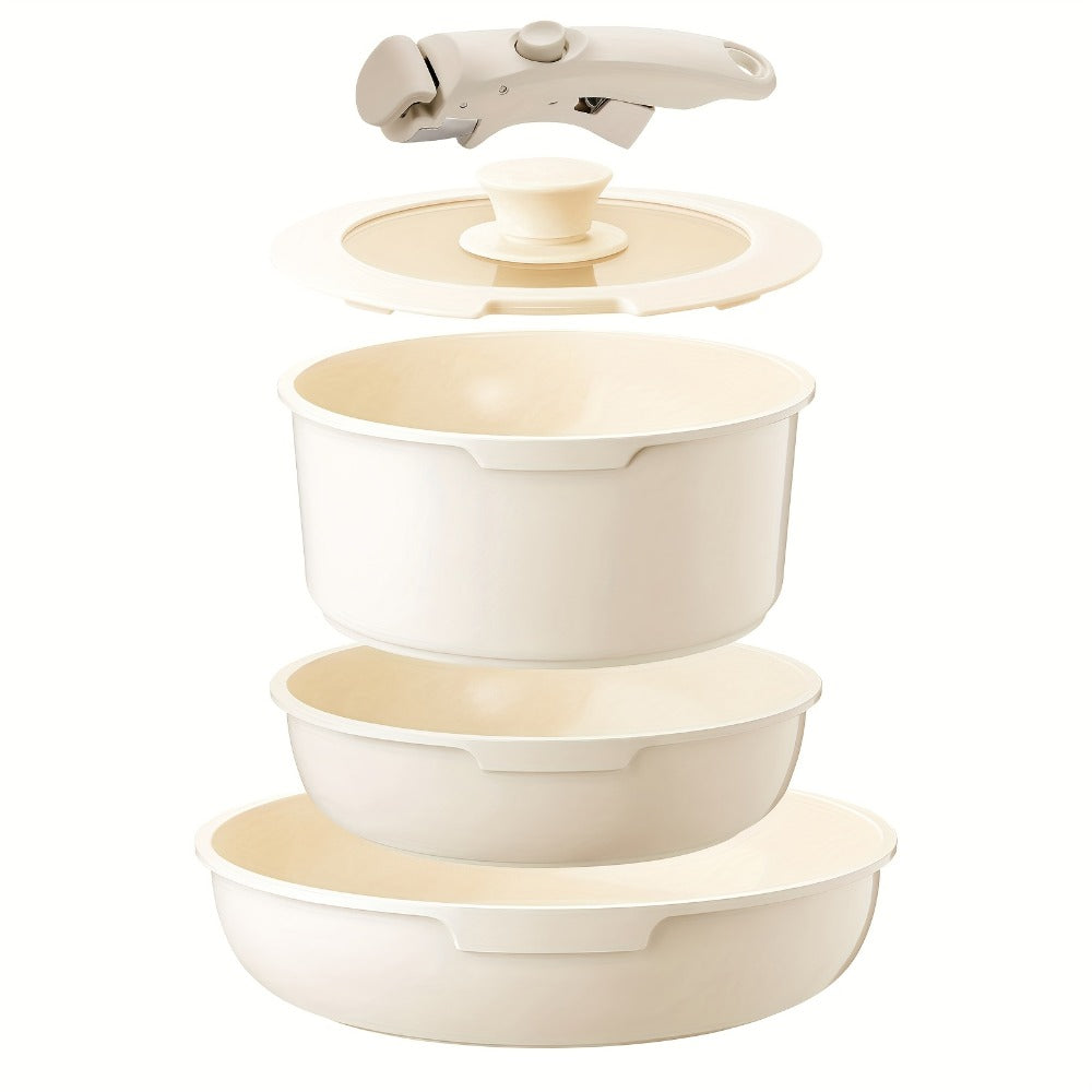 Nonstick Cookware Set 5-Piece Detachable Handle Aluminum Pots and Pans ¨C Space-Saving Stackable Induction Compatible | 8 & 10 Inch Frying Pan Soup Pot Universal Lid | White Pink Beige Coral Pink